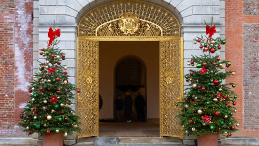 Decorated Christmas tress outside the Sounding Chamber